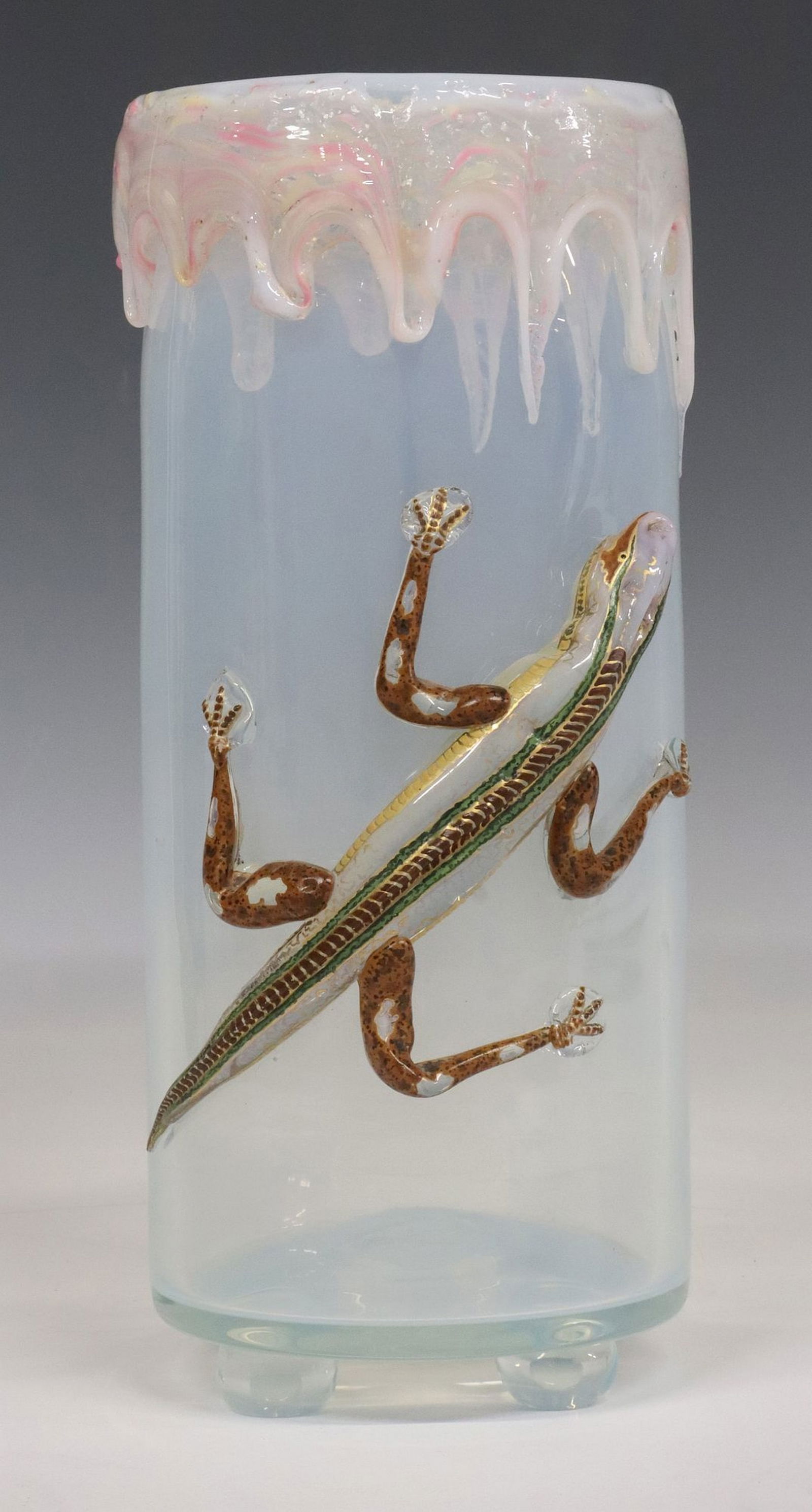 BOHEMIAN MOSER (ATTRIB) GLASS VASE WITH APPLIED ENAMELED SALAMANDER (1 of 4)