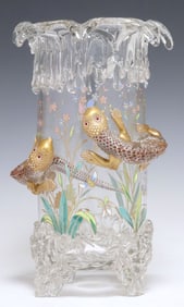 BOHEMIAN MOSER (ATTRIB) ENAMELED GLASS VASE WITH APPLIED SALAMANDERS