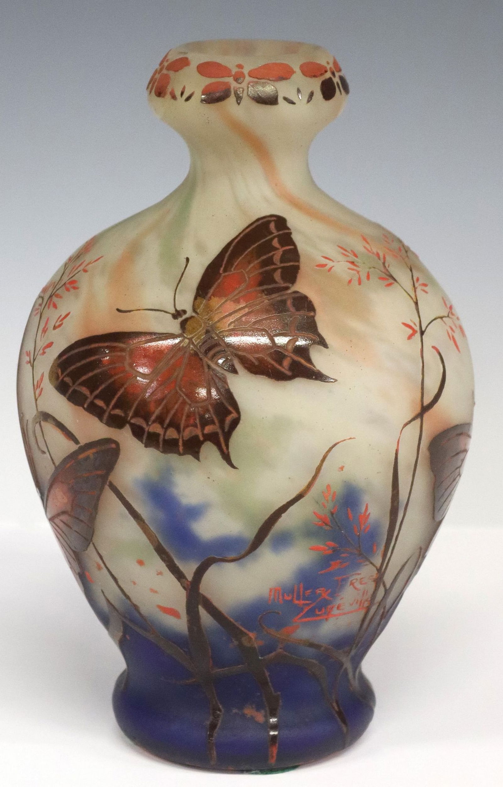 FRENCH MULLER FRERES ART NOUVEAU ENAMELED CAMEO GLASS BUTTERFLY VASE (1 of 5)