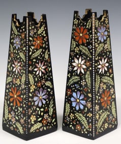 (2) BOHEMIAN ENAMELED AMETHYST-COLORED GLASS VASES