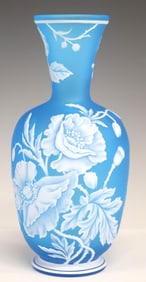 ENGLISH BLUE CAMEO GLASS POPPIES & BUTTERFLIES VASE