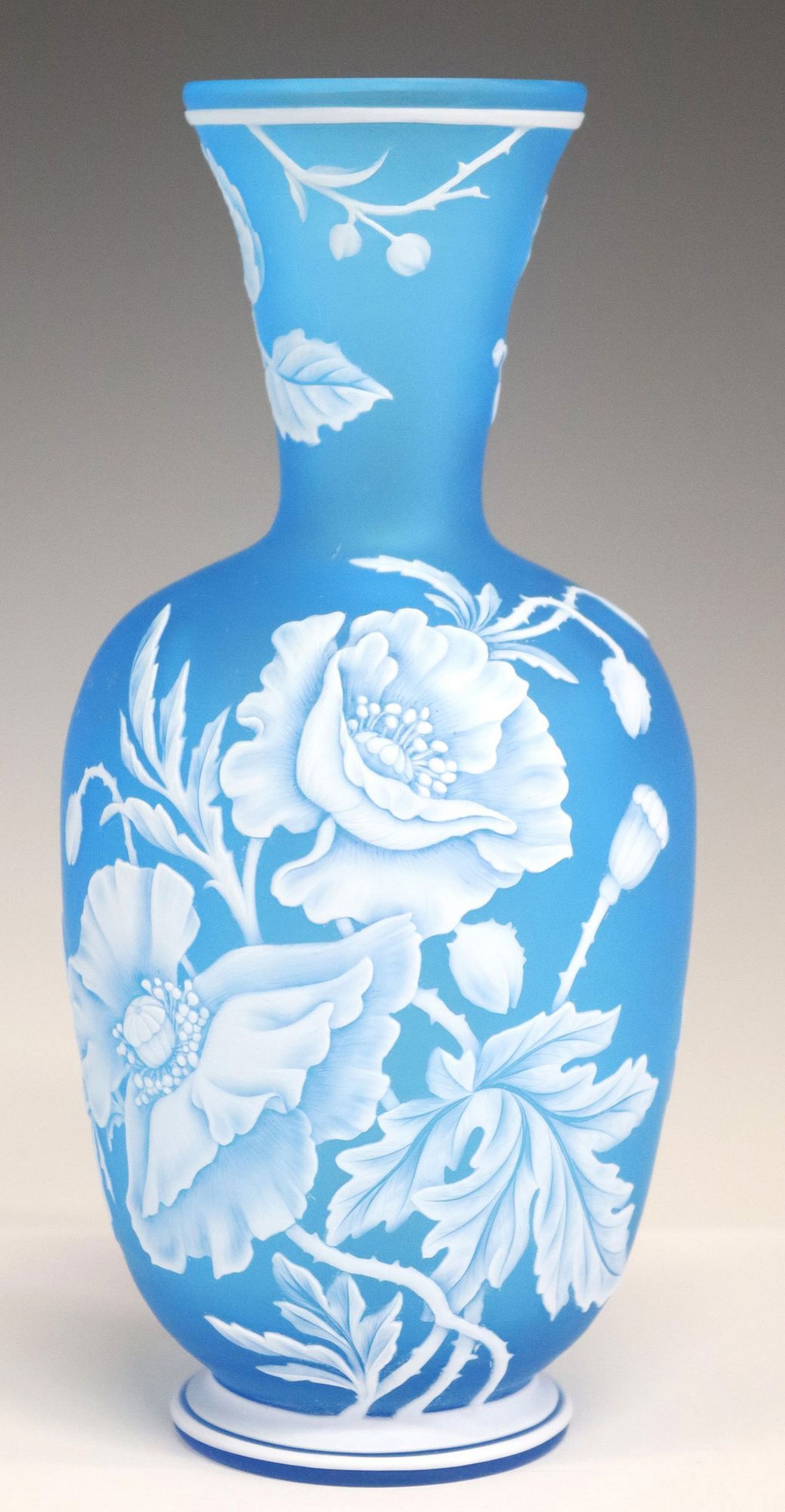 ENGLISH BLUE CAMEO GLASS POPPIES & BUTTERFLIES VASE: English cased satin glass vase, unmarked, likely Thomas Webb and Sons or Stevens & Williams, Ltd., baluster form, blue overlaid with opaque white in a pattern of poppies and butterflies, approx 8.5"h,