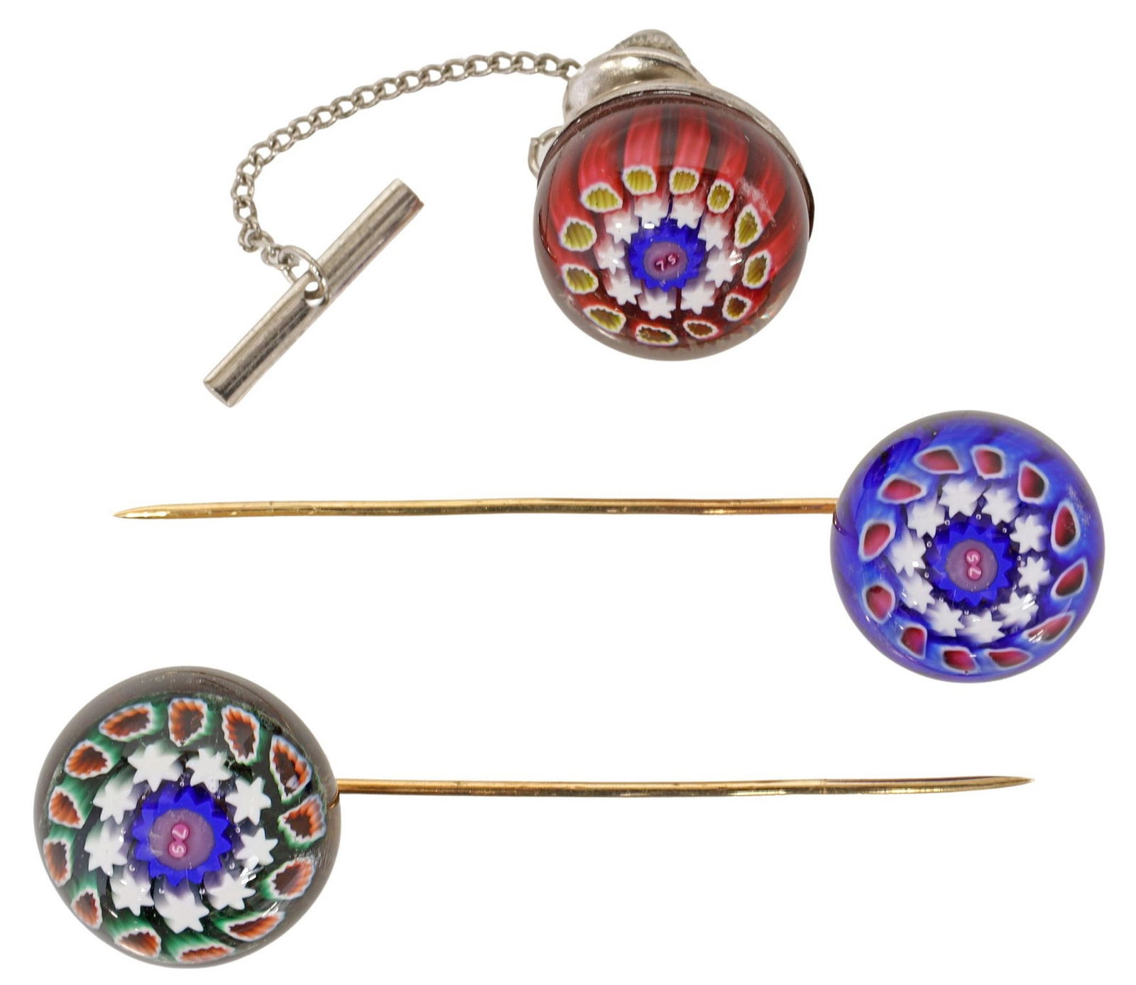 (3) FRENCH ST. LOUIS MILLEFIORI CABOCHON TIE TACK & 14KT GOLD STICK PINS (1 of 3)