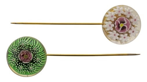 (2) MILLEFIORI ART GLASS PAPERWEIGHT CABOCHON STICK PINS