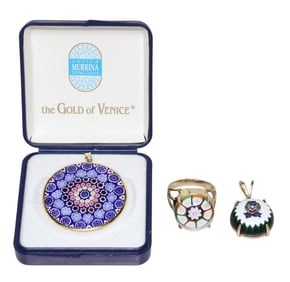 (3) ESTATE 18K & 14K YELLOW GOLD ART GLASS MILLEFIORI JEWELRY GROUP