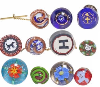 (11) MILLEFIORI & LAMPWORK STUDIO ART GLASS CABOCHON PINS & TIE TACKS