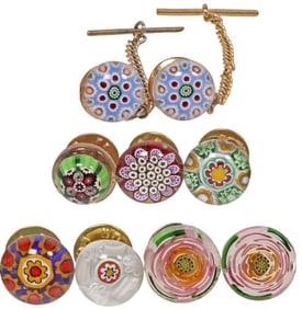 (9) CONTEMPORARY MILLEFIORI STUDIO ART GLASS PAPERWEIGHT PINS & TIE TACKS