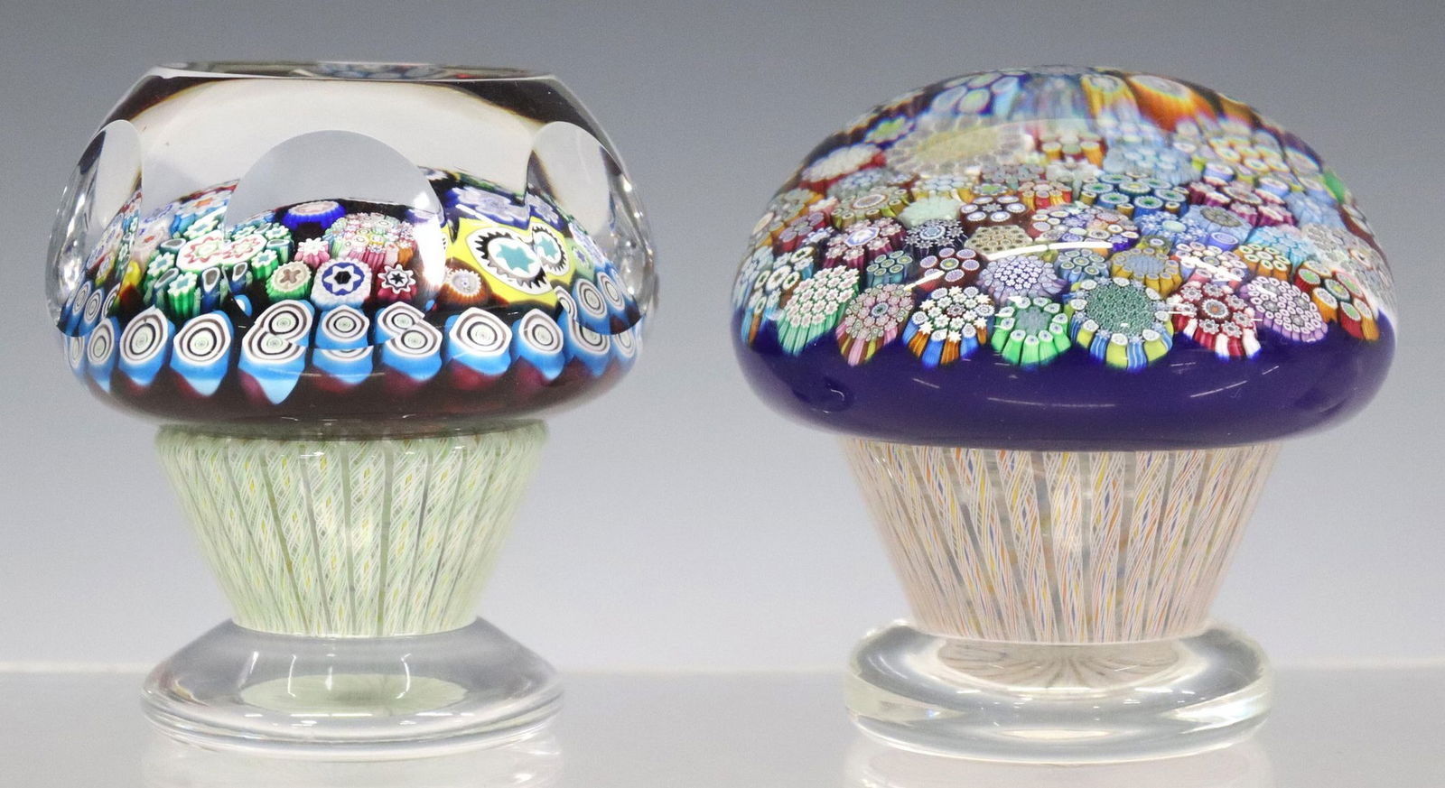 (2) PETER MCDOUGALL (B.1952) MILLEFIORI PEDESTAL PAPERWEIGHTS (1 of 7)