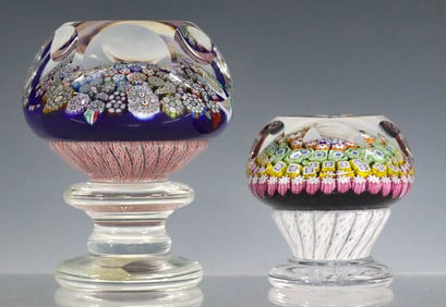(2) PETER MCDOUGALL (B.1952) MILLEFIORI PEDESTAL PAPERWEIGHTS