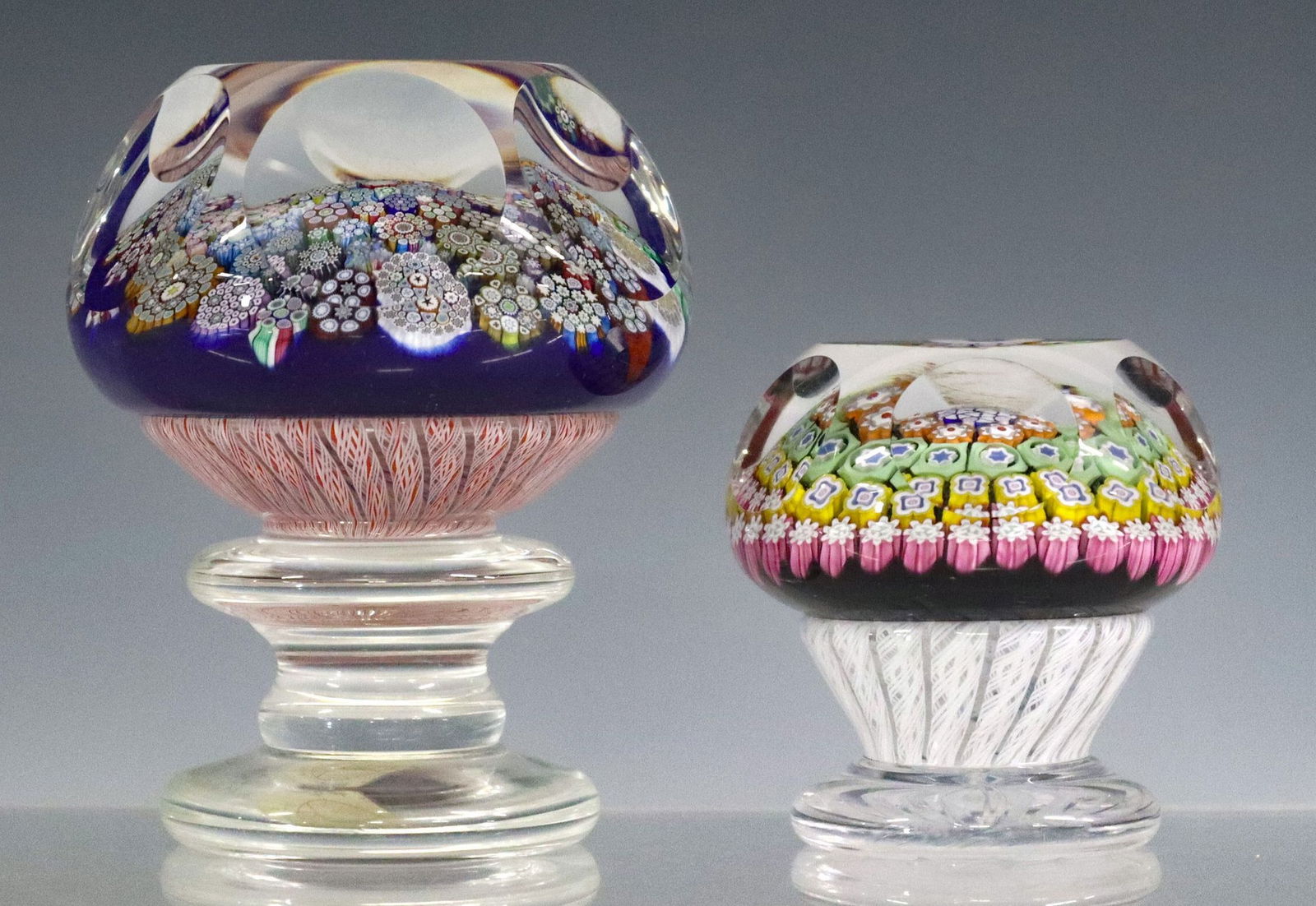 (2) PETER MCDOUGALL (B.1952) MILLEFIORI PEDESTAL PAPERWEIGHTS (1 of 6)