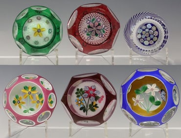 (6) PETER MCDOUGALL (B. 1952) FACETED & OVERLAY ART GLASS PAPERWEIGHTS