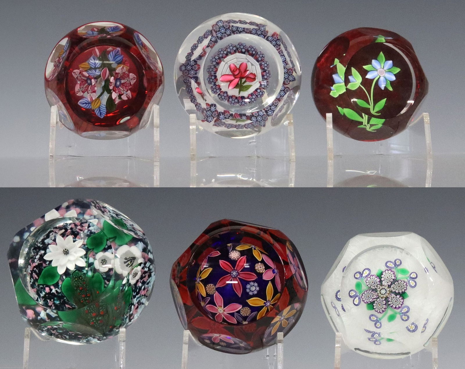 (6) PETER MCDOUGALL (B. 1952) MILLEFIORI FLORAL ART GLASS PAPERWEIGHTS (1 of 13)