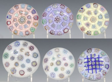 (6) PETER MCDOUGALL (B.1952) LATTICINIO & MILLEFIORI ART GLASS PAPERWEIGHTS