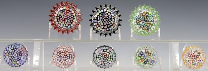 (8) PETER MCDOUGALL (B.1952) RIBBED MILLEFIORI ART GLASS PAPERWEIGHTS