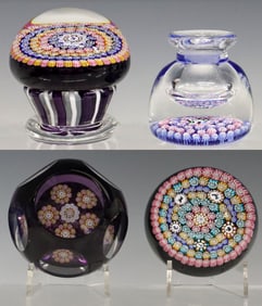 (4) JOHN DEACONS CONCENTRIC MILLEFIORI & SILHOUETTE CANE PAPERWEIGHTS