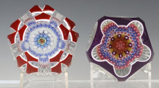 (2) GLASS DOUBLE-OVERLAY MILLEFIORI MUSHROOM PAPERWEIGHTS, 1969