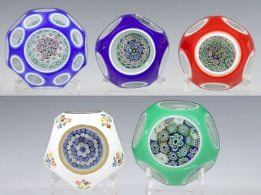 (5) ASSORTED ART GLASS COLORED DOUBLE OVERLAY PAPERWEIGHTS