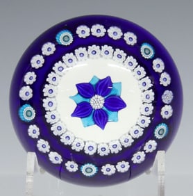 PARABELLE ART GLASS MILLEFIORI & FLOWER COBALT PAPERWEIGHT DATED 1994