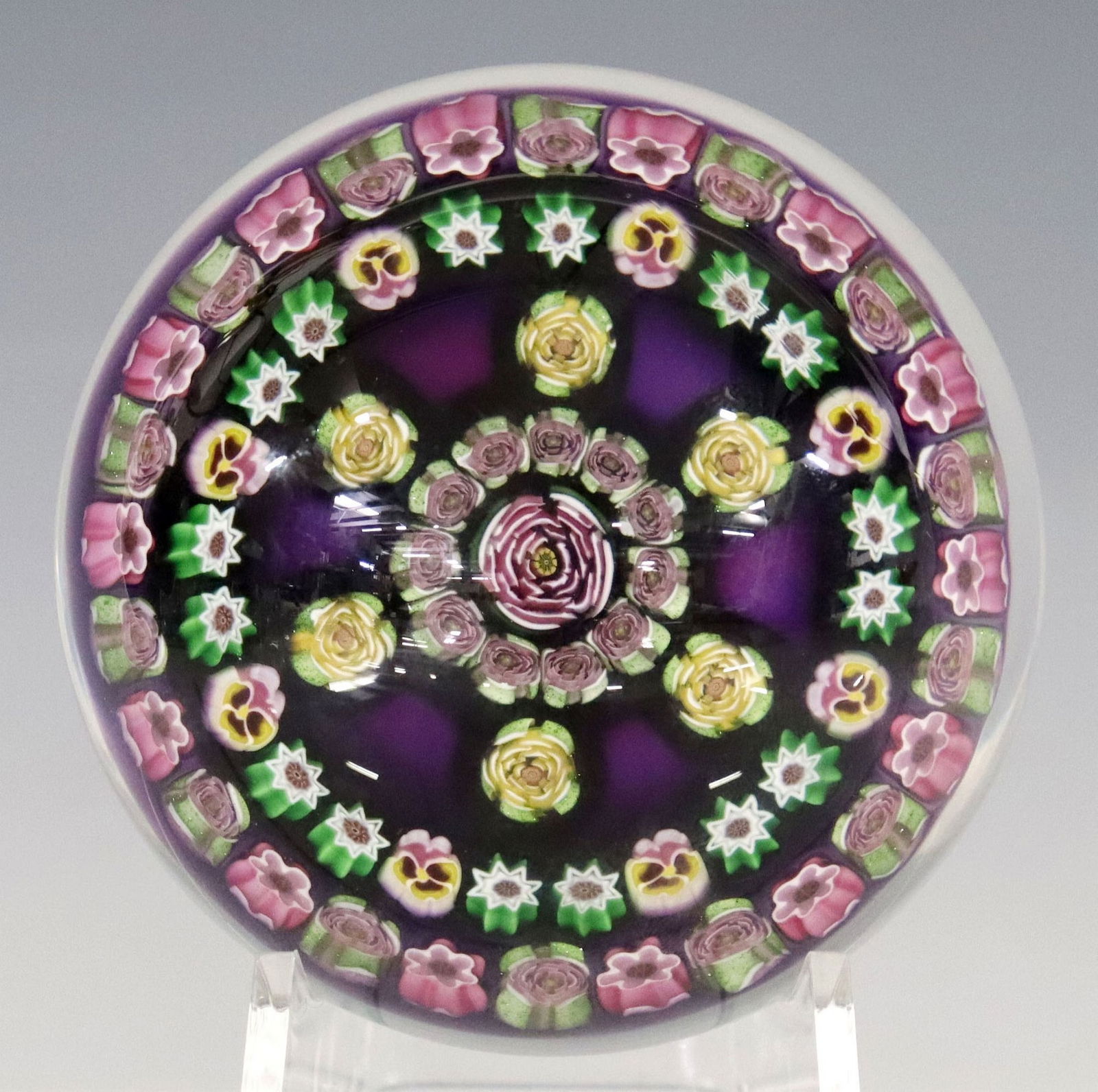 PARABELLE GLASS CONCENTRIC MILLEFIORI ROSE & PANSY PAPERWEIGHT (1 of 5)