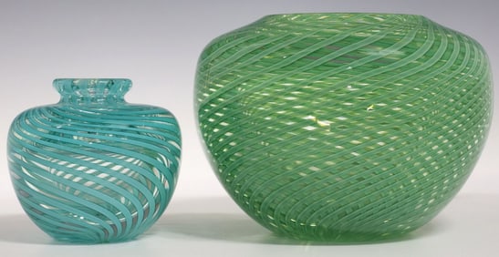 (2) JOHN DE WIT (20TH C.) ORIENT & FLUME ART GLASS SPIRAL PAPERWEIGHT VASES