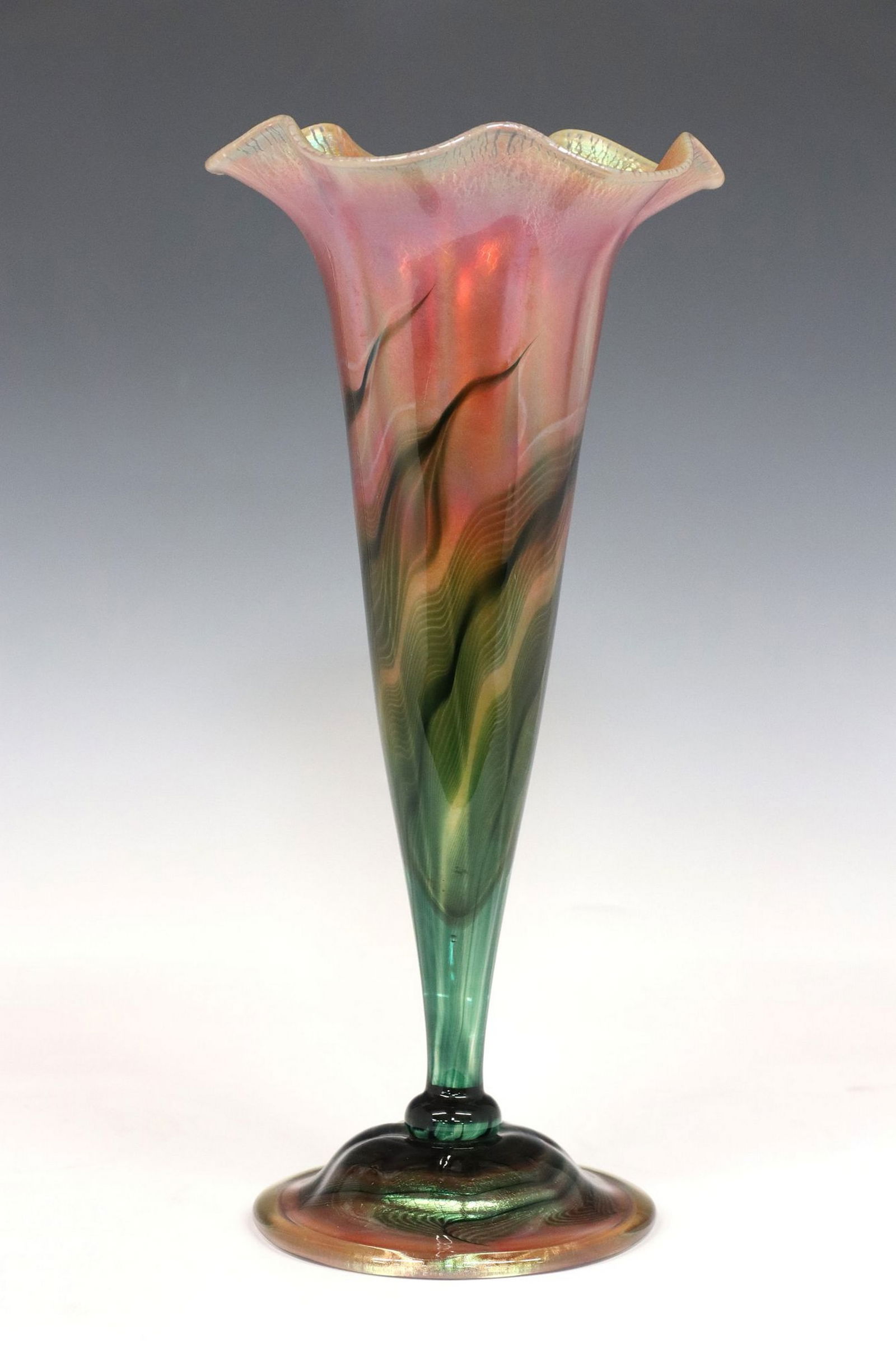 JAMES LUNDBERG (1948-1992) STUDIO ART GLASS IRIDESCENT TRUMPET VASE (1 of 4)