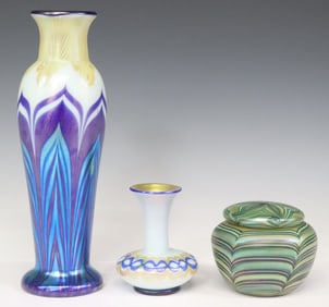 (3) LUNDBERG STUDIOS IRIDESCENT ART GLASS VASES & COVERED JAR