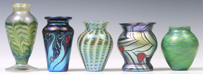 (5) SMALL LUNDBERG STUDIOS IRIDESCENT ART GLASS VASES