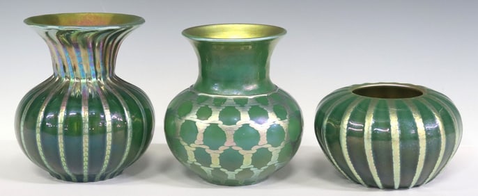 (3) LUNDBERG STUDIOS GREEN-GROUND IRIDESCENT ART GLASS VASES