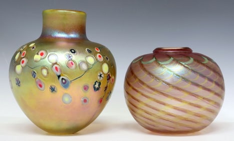 (2) ROBERT HELD (CANADIAN, 20THC.) IRIDESCENT ART GLASS VASES