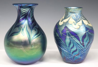 (2) ORIENT & FLUME STUDIO ART GLASS IRIDESCENT FEATHER VASES