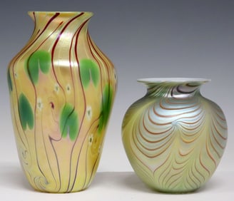 (2) OKRA GLASS, ORIENT & FLUME IRIDESCENT ART GLASS VASES