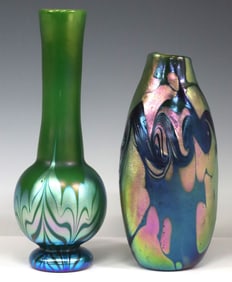(2) ORIENT & FLUME STUDIO ART GLASS IRIDESCENT VASES, 1 JOSEPH MOREL (20TH C.)
