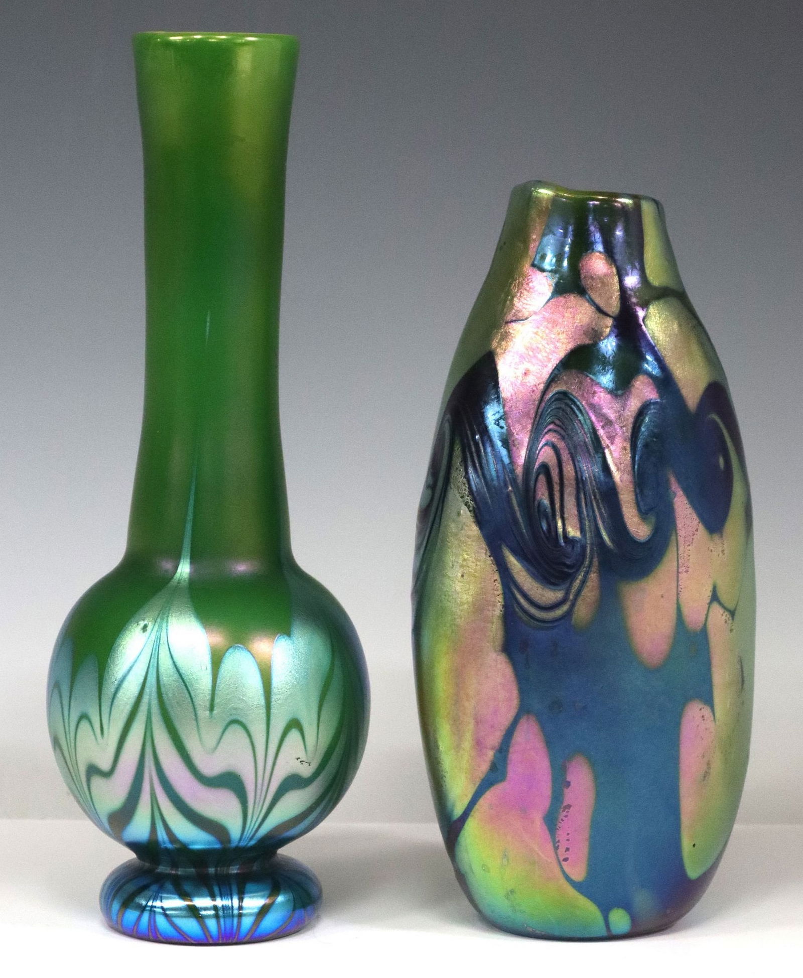 (2) ORIENT & FLUME STUDIO ART GLASS IRIDESCENT VASES, 1 JOSEPH MOREL (20TH C.) (1 of 8)