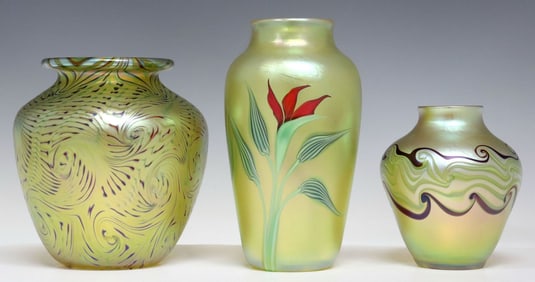 (3) ORIENT & FLUME STUDIO ART GLASS IRIDESCENT VASES, 1 SCOTT BEYERS