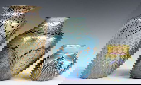 (3) ORIENT & FLUME STUDIO ART GLASS IRIDESCENT TEXTURED VASES