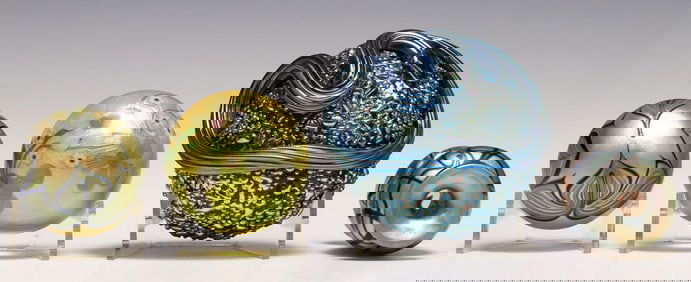 (4) ORIENT & FLUME STUDIO ART GLASS IRIDESCENT PAPERWEIGHTS & VASE