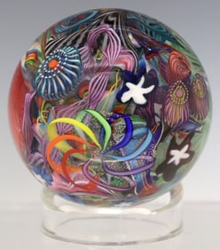 JAMES ALLOWAY (B.1957) STUDIO ART GLASS PSYCHEDELIC MILLEFIORI PAPERWEIGHT