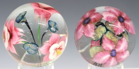(2) LOTTON STUDIOS ART GLASS LAMPWORK FLORAL PAPERWEIGHTS
