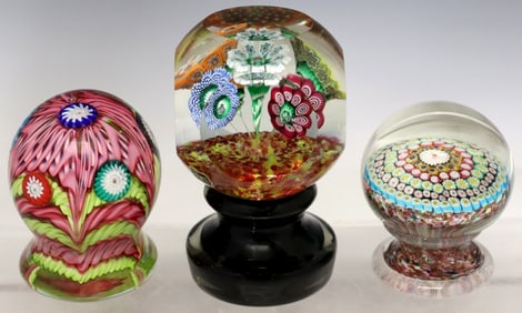 (3) MURANO ART GLASS MILLEFIORI & LAMPWORK PEDESTAL PAPERWEIGHTS