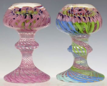 (2) ROMANO CARRERA FOR VAL ST. LAMBERT ART GLASS PEDESTAL PAPERWEIGHTS