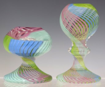 (2) ROMANO CARRERA FOR VAL ST. LAMBERT ART GLASS PEDESTAL PAPERWEIGHTS