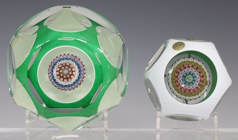 (2) SAINT LOUIS OVERLAY CONCENTRIC MILLEFIORI MUSHROOM PAPERWEIGHTS