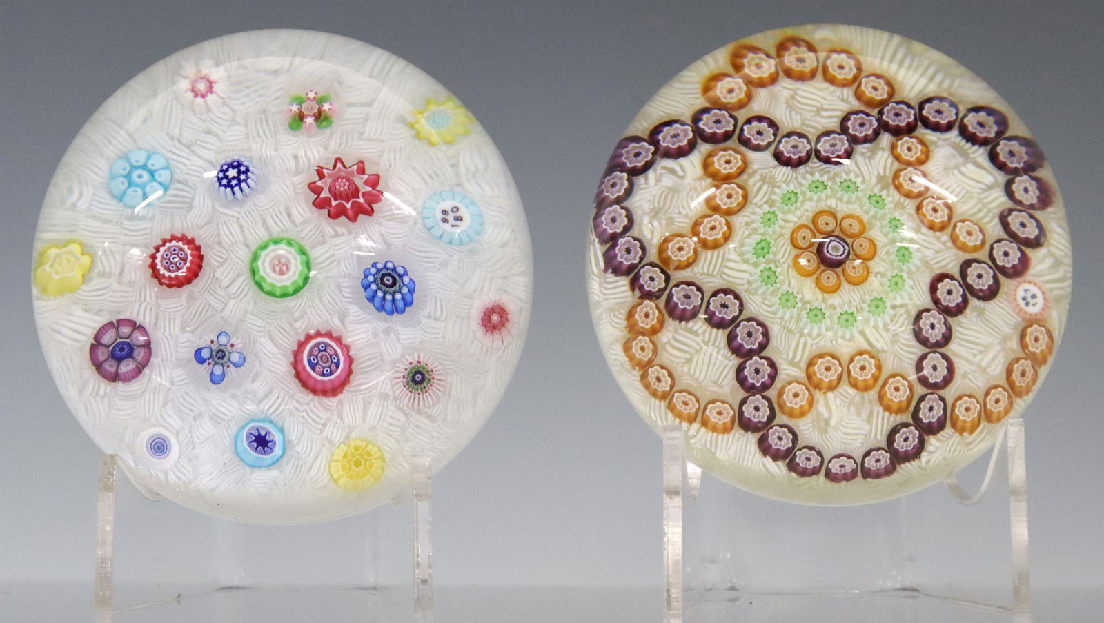 (2) BACCARAT GLASS DOUBLE TREFOIL & SPACED MILLEFIORI PAPERWEIGHTS (1 of 9)