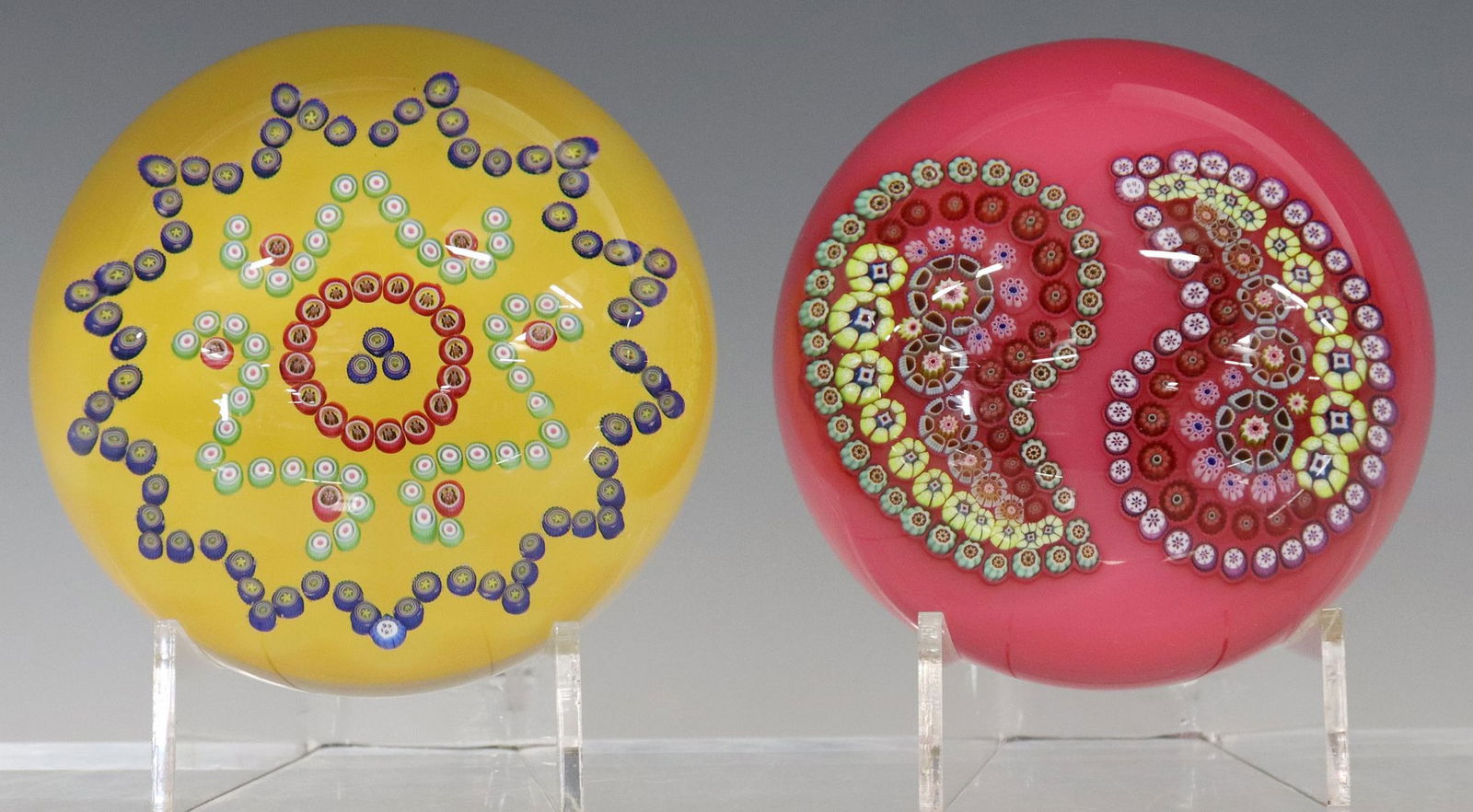 (2) BACCARAT GLASS PATTERNED COMPLEX MILLEFIORI PAPERWEIGHTS (1 of 6)