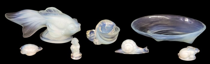 (6) FRENCH OPALESCENT ART GLASS FIGURAL CABINET & TABLE ITEMS