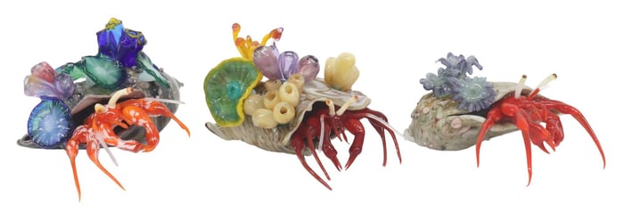 (3) HANDMADE LAMPWORKED GLASS FIGURES OF HERMIT CRABS