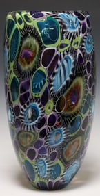 JOHN GIBBONS (20TH C.) STUDIO ART GLASS 'DREAM CATCHER' MURRINE VASE, 16"H