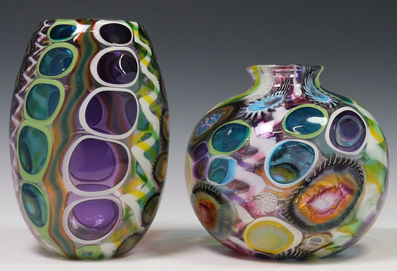 (2) JOHN GIBBONS (20TH C.) STUDIO ART GLASS COLORFUL MURRINE VASES (1 of 4)