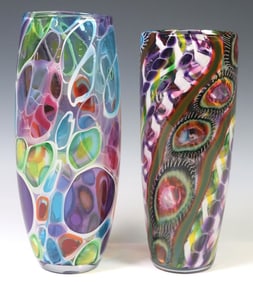 (2) JOHN GIBBONS (20TH C.) STUDIO ART GLASS COLORFUL MURRINE VASES