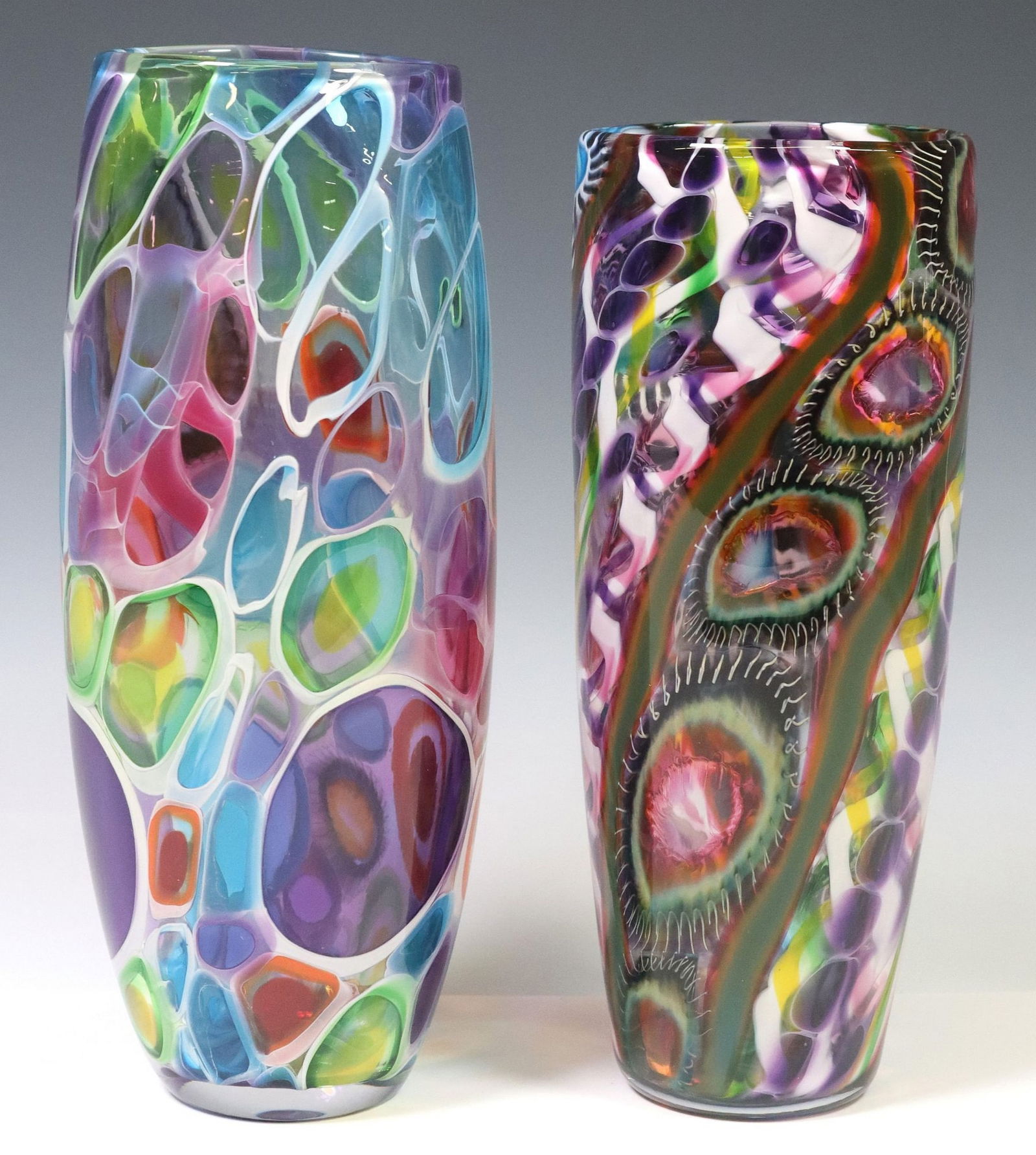 (2) JOHN GIBBONS (20TH C.) STUDIO ART GLASS COLORFUL MURRINE VASES (1 of 5)